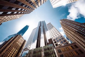 Low angle of tall building in manhattan